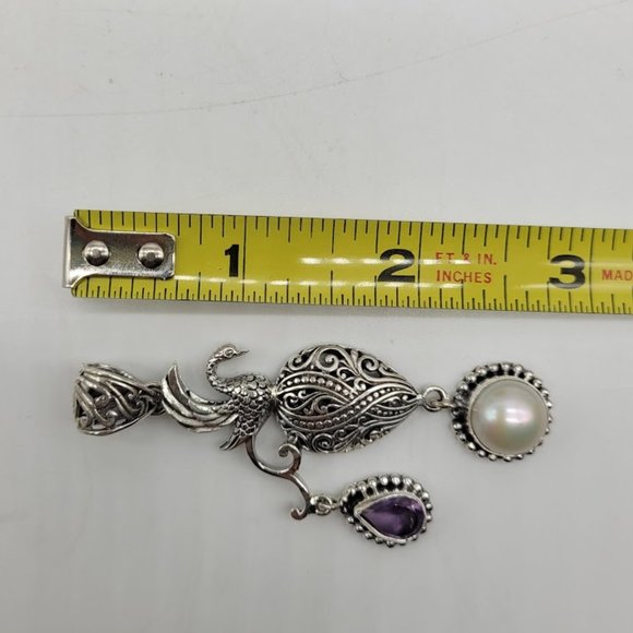 Silver Filigree Phoenix Swan Pendant Mabe Pearl Amethyst Statement Art - Picture 11 of 11